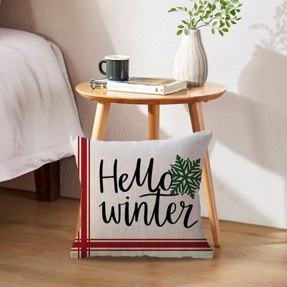 2Pack Hello Winter Throw Pillow Covers 18x18 Inches Xmas Tree/Snowflake - Picture 4 of 5